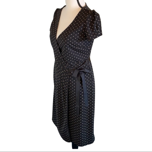 Loft Black Faux Wrap V Neck Dress with Tan Polka Dots & Black Ribbon Side Tie 2P - Picture 2 of 10